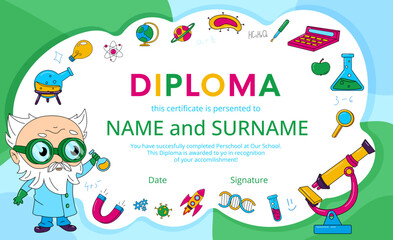 Colorful science-themed diploma template for kids with cartoon professor, lab tools, and playful elements. Ideal for preschool or elementary school awards and certificates.