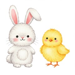 White Bunny and Yellow Chick Illustration