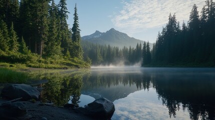 A serene mountain lake reflecting the surrounding evergreen forest landscape