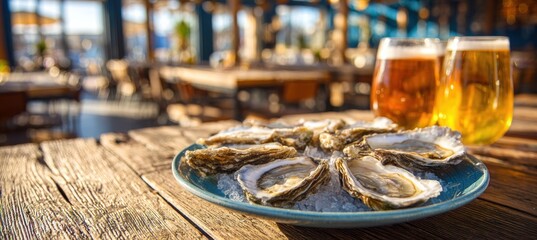 Freshly shucked oysters and beverages in a rustic seafood setting