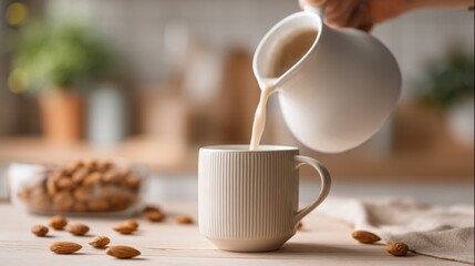Fototapeta premium Almond milk pouring into coffee with fresh nuts, a natural and healthy alternative to dairy 