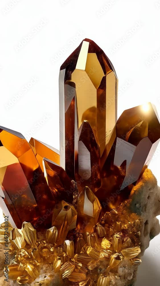 Poster close-up of a cluster of amber crystals with sharp points growing from a textured surface, showing r