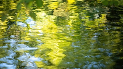 Reflections of green foliage and light shimmer on water surface
