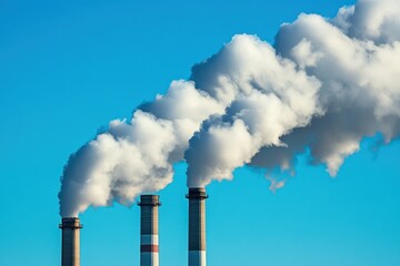 Industrial chimneys emitting white smoke into clear blue sky