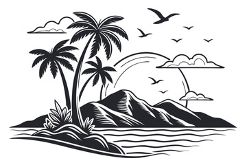 5 Tropical island silhouette, palm trees, mountains, sunset, retro style, black and white, graphic design, minimalist, vector art, beach scene, ocean waves, clouds, birds flying, simple shapes, bold c