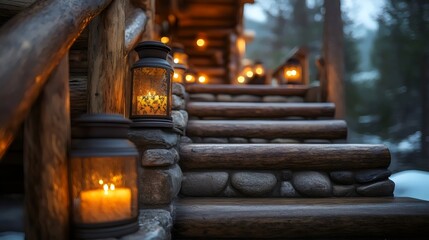 A warm, inviting entrance to a cozy wooden cabin illuminated by candle lanterns.