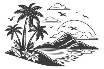 5 Tropical island silhouette, palm trees, mountains, sunset, retro style, black and white, graphic design, minimalist, vector art, beach scene, ocean waves, clouds, birds flying, simple shapes, bold c