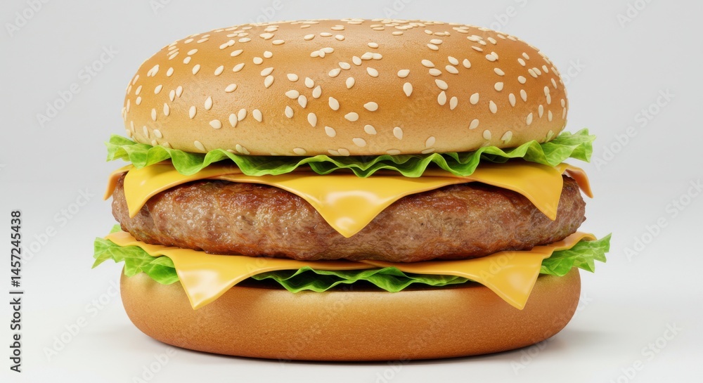 Poster a close up of a double cheeseburger with lettuce on a white background in a studio setting