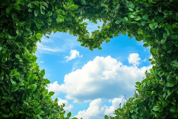 Heart shaped canopy of green leaves opens to blue sky
