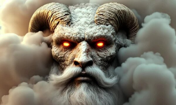 Majestic mythical creature emerges from mystical clouds with glowing eyes and ancient horns