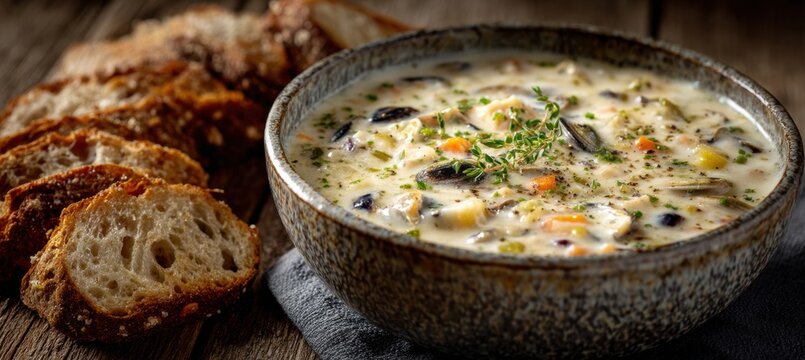 Rustic seafood chowder with clams and herbs in a cozy setting