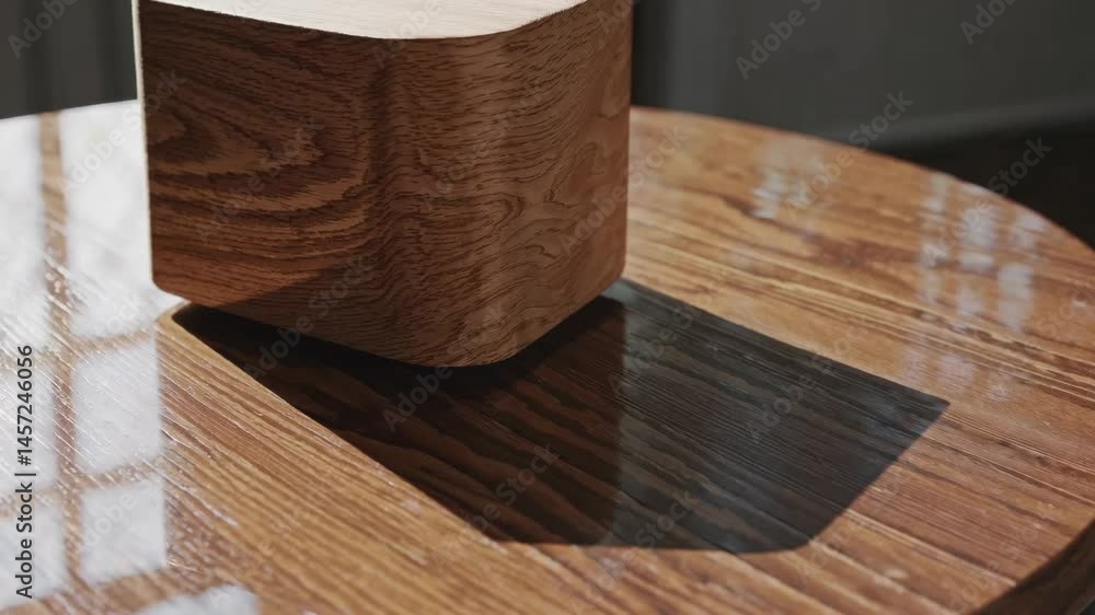Poster sunlight casting geometric shapes on wooden surface with moving shadow and reflections