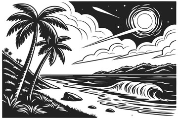 Obraz premium 6 black and white illustration, tropical beach scene, sunset over ocean, palm trees silhouette, dramatic clouds, waves crashing, moonlit sky, shooting star, high contrast, detailed linework, woodcut s