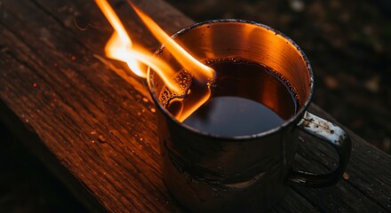 Burning coffee cup on wood background hot drink fire danger safety hazard