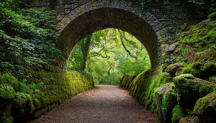 ancient stone archway leading to enchanted forest with abundant green foliage and moss covered rocks