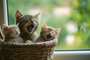Cat with her playful kittens yawning in a cozy basket near a sunny window in the afternoon light