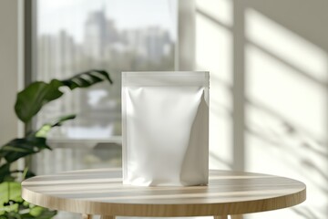 Minimalist pet food packaging mockup in bright home setting