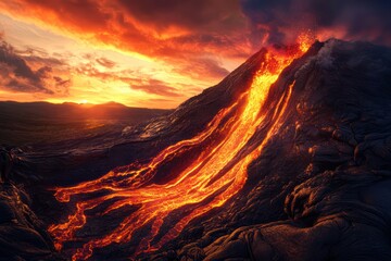 Molten lava flows from erupting volcano at sunset