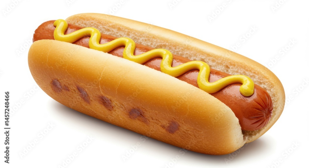 Poster a close up view of a hotdog in a bun with mustard on top on a white background isolated image