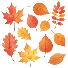 Fototapeta premium Watercolor Autumn Leaves Collection: Orange, Red, Yellow Foliage