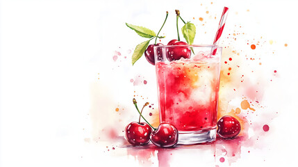 Watercolor illustration of non-alcoholic drinks on white background. Watercolor Illustration of Cherry Juice.