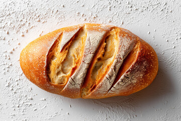 Rustic batard loaf displayed on textured light surface highlighting crusty exterior and soft interior. Concept of baking, culinary arts, artisan bread production