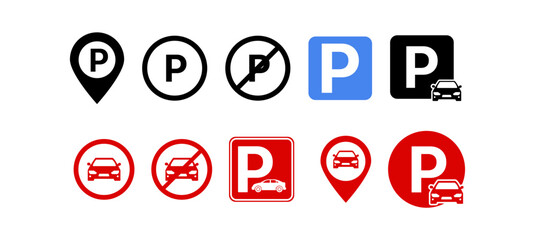 Vector icon set of car parking symbols, including parking spots, signs, and vehicles. Ideal for maps, apps, navigation, transport UI, and urban planning visuals. Transparent background.