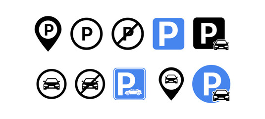 Vector icon set of car parking symbols, including parking spots, signs, and vehicles. Ideal for maps, apps, navigation, transport UI, and urban planning visuals. Transparent background.
