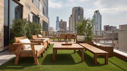 Urban rooftop garden with wood furniture artificial grass and cityscape view