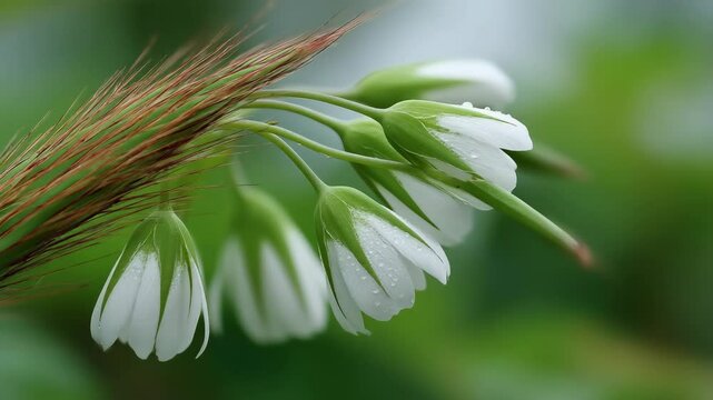 Close-up shot of delicate white blooming flowers with water droplets and green stems, with brown foxtail grass, with soft green background.