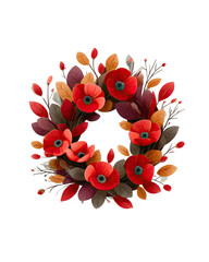 A beautiful wreath adorned with vibrant red flowers and colorful leaves. isolated on a white background.