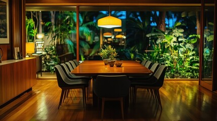 A Dining Room Table Faces Lush Greenery Outdoors At Night
