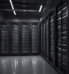 Gleaming server racks fill a climate-controlled facility, energy efficient, network security