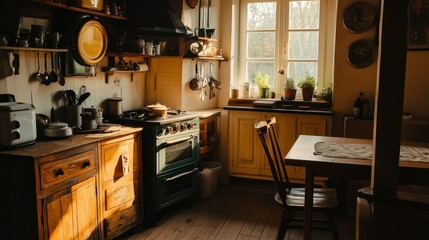 A rustic kitchen interior with wooden cabinets and cooking tools