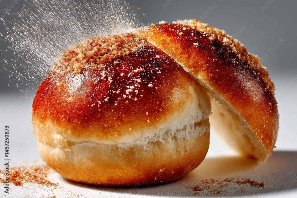 Poster simple bread roll with sugar sprinkle displayed in minimalist style. clean light background enhances