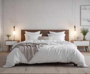 King-size bed, white linens, minimalist Scandinavian bedroom ,  linens,  sleep,  cozy