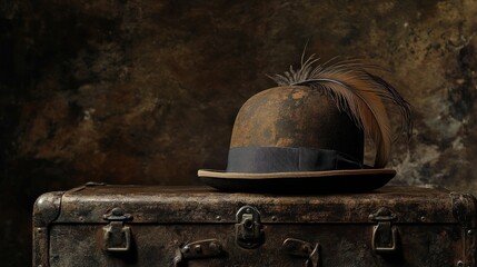 A vintage bowler hat with feathers rests upon a trunk