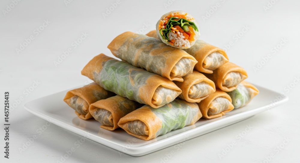 Poster a stack of fresh spring rolls on a white square plate with one cut in half on the top roll