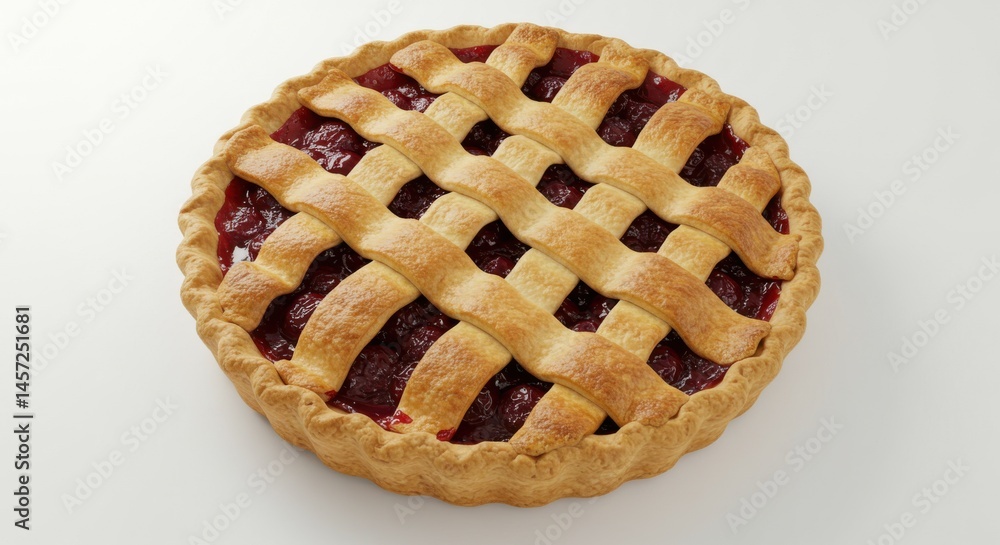 Poster overhead view of a homemade cherry pie with a lattice crust on a white surface background showing de