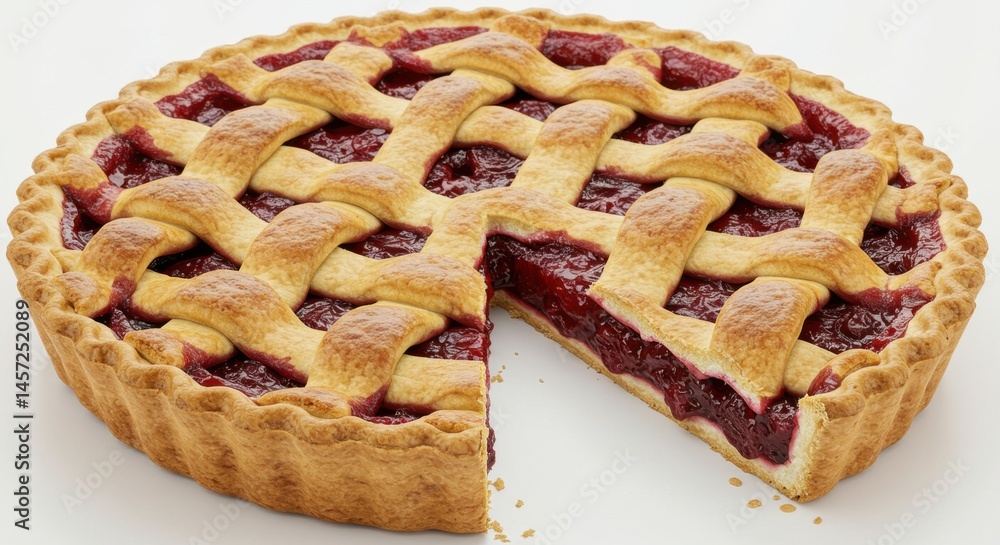 Poster a delicious cherry pie with a lattice crust and a slice removed on a white background surface view