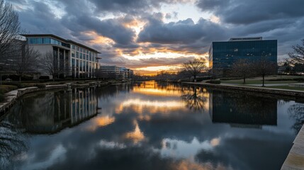 The Dramatic Sunset Reflecting on the Calm Water Between Buildings