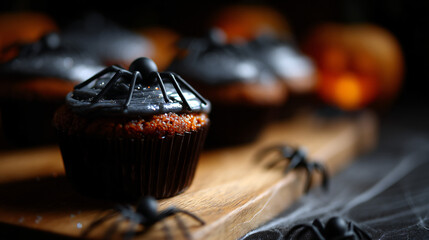 Halloween cupcakes with spider ornament set on a wooden tabular array