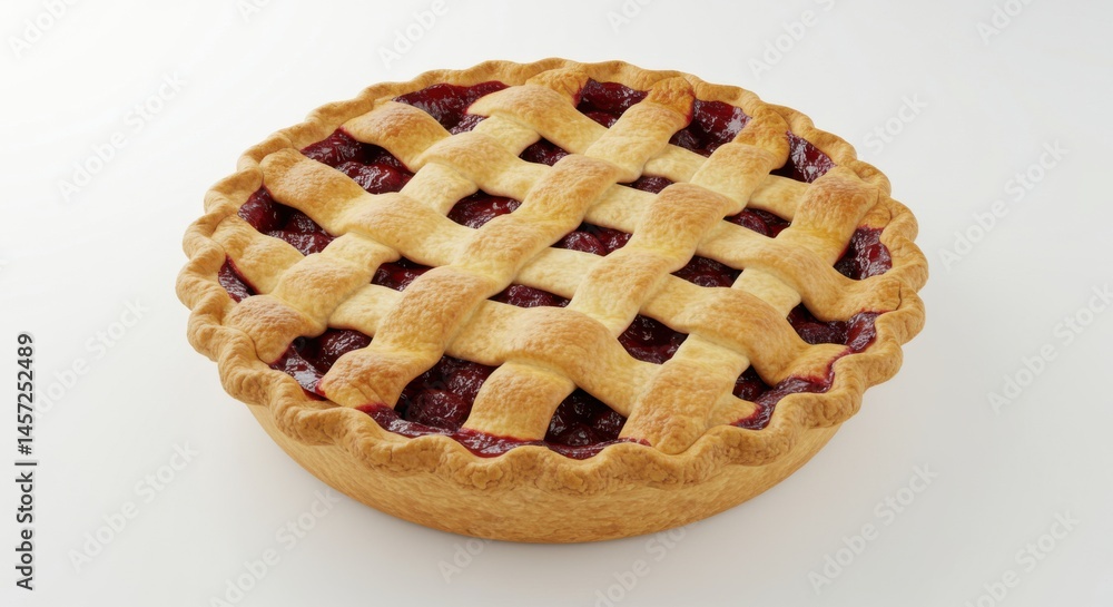 Poster a whole cherry pie with a lattice crust sitting on a white surface in a studio setting closeup view