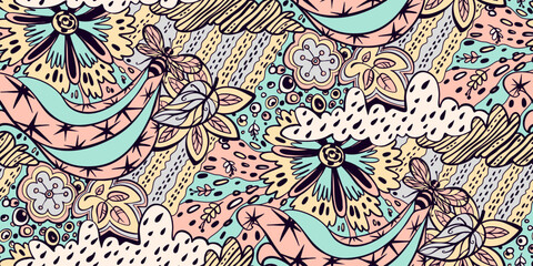 Abstract seamless doodle pattern - bee, flowers, leaves, clouds, insect. Repeating half-drop print. Pink, yellow, beige, turquoise, blue, white