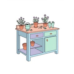 Pastel Colored Gardening Table with Potted Flowers