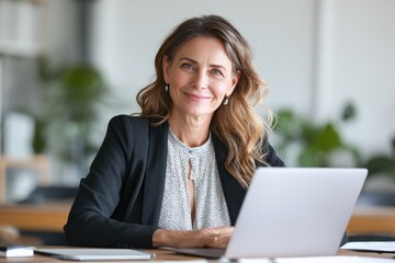 Confident lawyer or executive woman working on laptop in bright office, smiling mature female professional manager looking at camera during workday