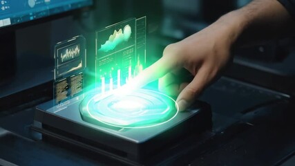 Closeup of man’s index fingertip glowing biometric pad, holographic predictive analytics graphs timeline projections burst upwards. Dark tech-lab green gold hologram hues, subtle bokeh - Powered by Adobe