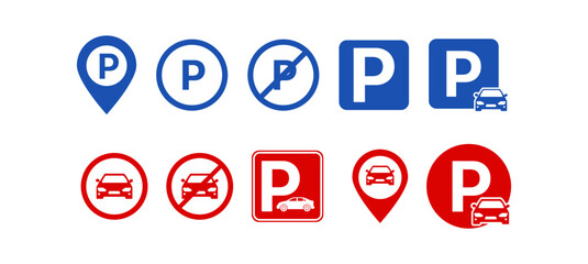 Vector icon set of car parking symbols, including parking spots, signs, and vehicles. Ideal for maps, apps, navigation, transport UI, and urban planning visuals. Transparent background.