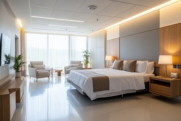Modern Luxury Hotel Bedroom Interior Design Spacious Room Bright Sunlight Minimalist Style Comfortable King Size Bed Wooden Furniture Elegant Decor Large Windows White Walls       