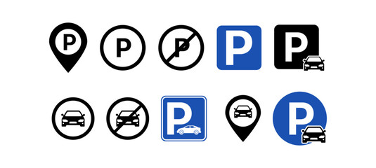Vector icon set of car parking symbols, including parking spots, signs, and vehicles. Ideal for maps, apps, navigation, transport UI, and urban planning visuals. Transparent background.